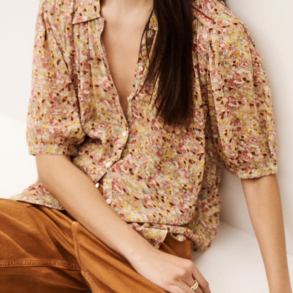 ba&sh NEW Lark Rose Floral Semi Sheer Braided Detail Button Front Blouse US 6